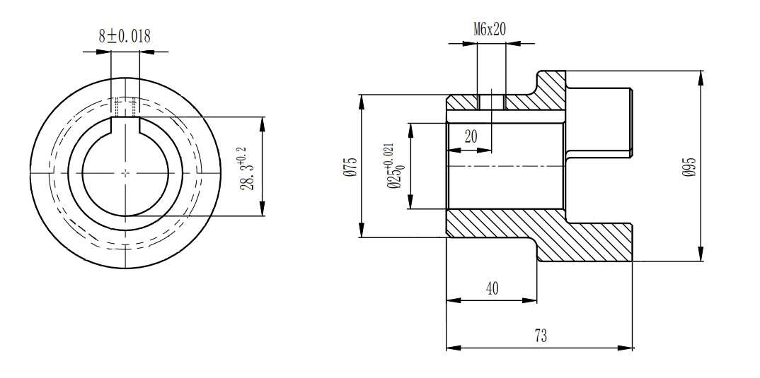 Полумуфта GE 42-55 A с готовым отверстием d25 шпон паз 8х3,3мм+винт М6 СТАЛЬ, EMT | EMT